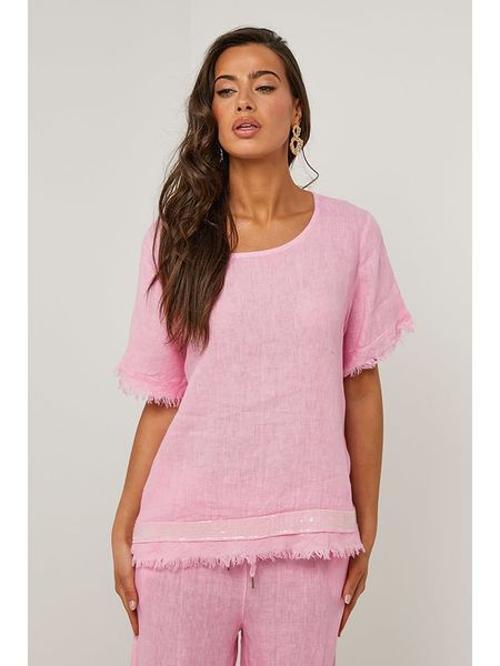 Le Monde du Lin Lniana bluzka w kolorze jasnoróżowym rozmiar: 38/40. Różowe bluzki Le Monde du Lin, bez wzorów, ze lnu, klasyczne, bez kołnierzyka, bez ramiączek. Za 154,45 zł.