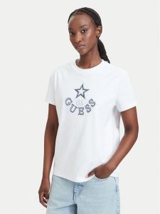 Guess T-Shirt V6YI04 K4268 Biały Regular Fit. Białe t-shirty Guess, l, z aplikacjami, z bawełny, bez kołnierzyka, bez ramiączek. Za 214,99 zł.