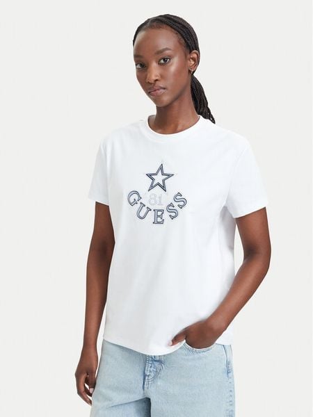 Guess T-Shirt V6YI04 K4268 Biały Regular Fit. Białe t-shirty Guess, l, z aplikacjami, z bawełny, bez kołnierzyka, bez ramiączek. Za 214,99 zł.