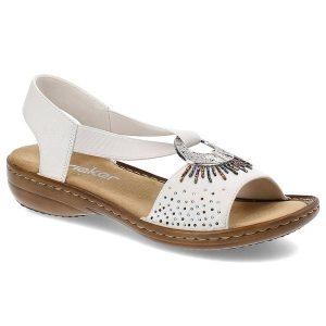 Białe Sandały Rieker Eleganckie Wsuwane Obuwie Damskie. Białe sandały Rieker, bez wzorów, z materiału, bez obcasa, bez zapięcia. Za 239,00 zł.