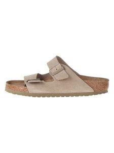 Birkenstock Skórzane klapki "Arizona" w kolorze khaki rozmiar: 41. Brązowe klapki Birkenstock, bez wzorów, ze skóry, z otwartym noskiem, bez obcasa. Za 359,95 zł.