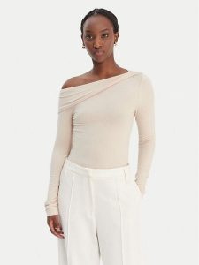 Guess Bluzka W6RP15 KD012 Beżowy Slim Fit. Brązowe bluzki Guess, l, z aplikacjami, z wiskozy, bez kołnierzyka, bez ramiączek. Za 269,99 zł.