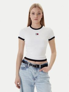 Tommy Jeans T-Shirt Badge DW0DW22575 Écru Slim Fit. T-shirty Tommy Jeans, s, bez wzorów, z bawełny, bez kołnierzyka, bez ramiączek. Za 169,99 zł.