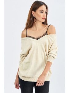 Milan Kiss Sweter w kolorze beżowym rozmiar: L. Brązowe swetry oversize Milan Kiss, l, bez wzorów, z koronki, bez ramiączek. Za 105,63 zł.
