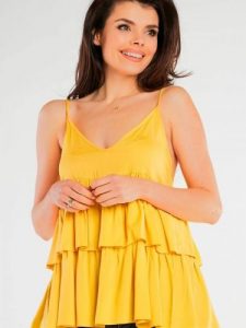 Bluzka Model A432 Yellow - awama. Żółte bluzki Awama, l, bez wzorów, z elastanu, eleganckie, bez kołnierzyka, bez ramiączek. Za 207,17 zł.