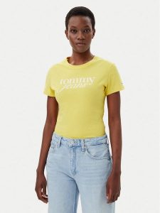 Tommy Jeans T-Shirt Essential DW0DW19447 Żółty Slim Fit. Żółte t-shirty Tommy Jeans, m, bez wzorów, z bawełny, bez kołnierzyka, bez ramiączek. Za 89,99 zł.
