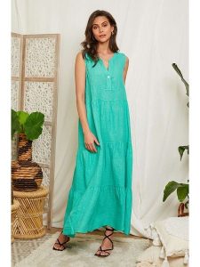 Lin Passion Lniana sukienka w kolorze turkusowym rozmiar: 34/36. Niebieskie sukienki Lin Passion, bez wzorów, ze lnu, klasyczne, bez kołnierzyka, bez ramiączek, maxi, rozkloszowane. Za 173,99 zł.