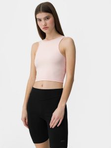 4F Crop top z wycięciem na plecach damski M. Brązowe topy 4f, m, bez wzorów, z dzianiny, bez kołnierzyka, bez ramiączek. W wyprzedaży za 29,99 zł.