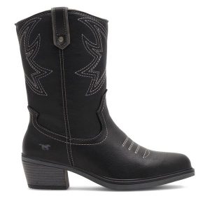 Kowbojki Mustang. Czarne botki Mustang, bez wzorów, bez obcasa, na słupku, bez zapięcia. Za 399,99 zł.