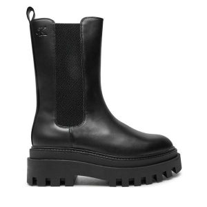 Sztyblety Calvin Klein Jeans. Czarne botki Calvin Klein Jeans, bez wzorów, z jeansu, bez obcasa, na płaskiej podeszwie, bez zapięcia. Za 579,99 zł.