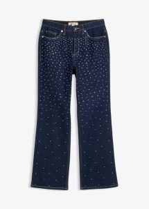 Jeansy straight, mid waist, zdobione kryształkami. Niebieskie jeansy bonprix, z aplikacjami, z denimu. Za 159,99 zł.