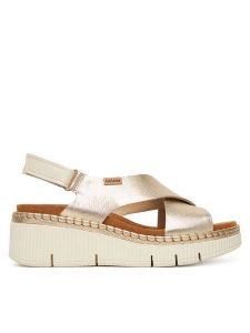 Pikolinos Sandały Gomera W0K-0606Clc1 Złoty. Żółte sandały Pikolinos, bez wzorów, ze skóry, bez obcasa, na koturnie, bez zapięcia. Za 599,99 zł.