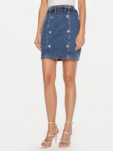 Guess Spódnica jeansowa W4YD0Q D55M0 Niebieski Regular Fit. Niebieskie spódnice Guess, m, z aplikacjami, z bawełny. Za 239,99 zł.