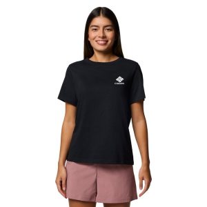 T-shirt sportowy z krótkim rękawem damski Rolling Bend Graphic SS Tee. Czarne koszulki sportowe Columbia, bez wzorów, z bawełny, bez ramiączek. Za 99,99 zł.