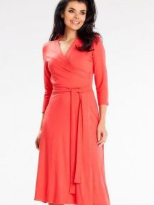 Sukienka Model A653 Coral - awama. Sukienki Awama, na randkę, l, bez wzorów, z elastanu, bez kołnierzyka, plus size, bez ramiączek, midi, dopasowane. Za 356,58 zł.