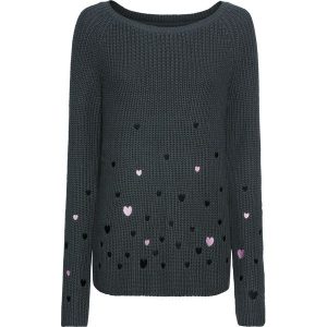 Sweter z haftem. Szare golfy bonprix, bez kołnierzyka. Za 129,99 zł.