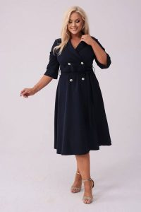 Elegancka granatowa żakietowa sukienka Marietta XXL OVERSIZE. Żółte sukienki Moda Size Plus Iwanek, do pracy, l, bez wzorów, z elastanu, biznesowe, bez kołnierzyka, bez ramiączek, mini, oversize. Za 325,00 zł.