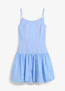 Sukienka mini z rozkloszowaną częścią spódnicową. Niebieskie sukienki bonprix, bez wzorów, bez kołnierzyka, bez ramiączek, mini, rozkloszowane. Za 54,99 zł.