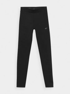 4F Legginsy dzianinowe damskie M. Czarne legginsy 4f, bez wzorów, z dzianiny, z podwyższonym stanem. W wyprzedaży za 99,99 zł.