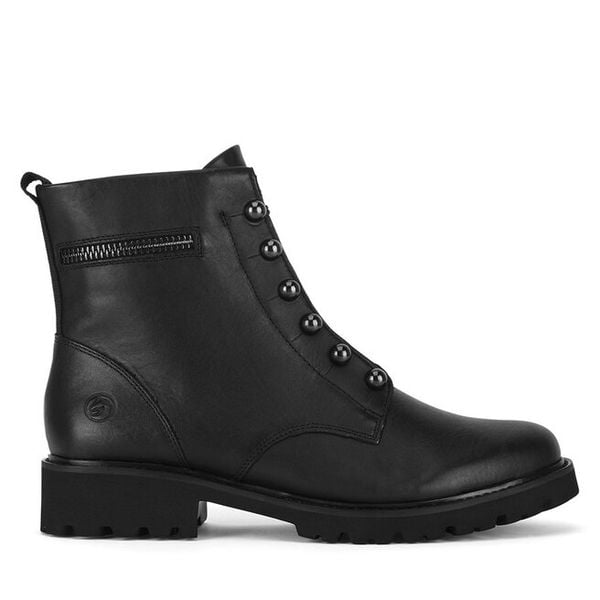 Trzewiki Remonte. Czarne botki Remonte, bez wzorów, bez obcasa, na płaskiej podeszwie, bez zapięcia. Za 423,00 zł.