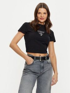 Guess T-Shirt V4YI20 KCDH1 Czarny Boxy Fit. Czarne t-shirty Guess, l, z aplikacjami, z bawełny, bez kołnierzyka, bez ramiączek. Za 99,99 zł.