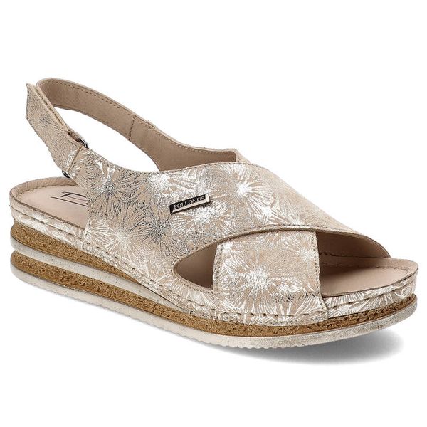 Beżowe Sandały Pollonus Skórzane Buty. Brązowe sandały Pollonus, z aplikacjami, ze skóry, bez obcasa, na koturnie, bez zapięcia. Za 199,00 zł.