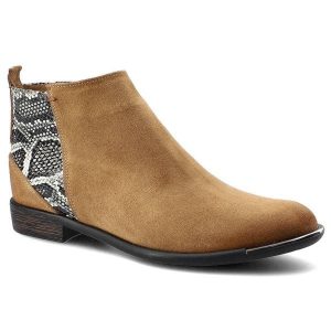 Botki damskie Carinii, naturalna skóra zamszowa z kontrastową wstawką o fakturze skóry węża z tyłu cholewki oraz niskim stabilnym obcasem, rude, B567. Brązowe botki Carinii, na jesień, bez wzorów, z jeansu, bez obcasa, na obcasie, bez zapięcia. Za 269,00 zł.