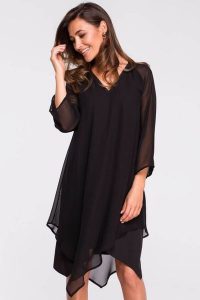 Sukienka wieczorowa oversize szyfonowa asymetryczna boho czarna. Czarne sukienki Stylove, na randkę, l, bez wzorów, z szyfonu, boho, z asymetrycznym kołnierzem, bez ramiączek, asymetryczne. Za 269,00 zł.
