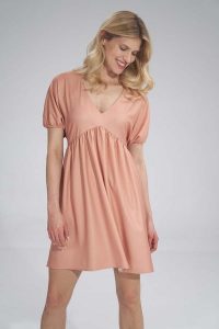 Sukienka o Luźnym Kroju z Bufkami - Pomarańczowa. Brązowe sukienki Figl, l, bez wzorów, z elastanu, wizytowe, bez kołnierzyka, bez ramiączek. Za 249,00 zł.