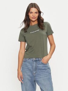 Guess Jeans T-Shirt W4YI03 J1314 Khaki Slim Fit. Brązowe t-shirty Guess Jeans, l, z aplikacjami, z bawełny, bez kołnierzyka, bez ramiączek. Za 109,99 zł.