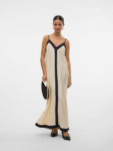 Vero Moda Sukienka w kolorze beżowo-czarnym rozmiar: M. Brązowe sukienki Vero Moda, m, bez wzorów, bez kołnierzyka, bez ramiączek, maxi. Za 153,71 zł.