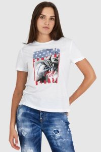 GUESS Biały t-shirt damski z nadrukiem i wiązaniem na plecach. Białe t-shirty Guess, s, z aplikacjami, z bawełny, bez kołnierzyka, bez ramiączek. W wyprzedaży za 123,99 zł.