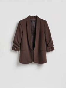 Marynarka z dodatkiem wiskozy - ciemnobrązowy. Brązowe marynarki i żakiety Reserved, l, bez wzorów, z tkaniny. Za 199,99 zł.