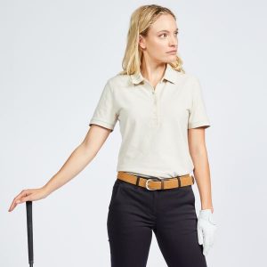 Koszulka polo do golfa damska z krótkim rękawem Inesis MW500. Niebieskie bluzki INESIS, m, bez wzorów, z bawełny, klasyczne, bez kołnierzyka, bez ramiączek. Za 59,99 zł.