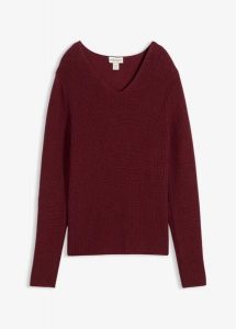 Sweter z prążkowanej dzianiny z czystej bawełny organicznej. Czerwone swetry klasyczne bonprix, z bawełny, bez kołnierzyka. Za 99,99 zł.