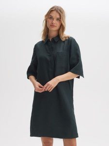OPUS Lniana sukienka w kolorze antracytowym rozmiar: 38. Czarne sukienki Opus, bez wzorów, ze lnu, bez kołnierzyka, bez ramiączek, mini. Za 145,26 zł.