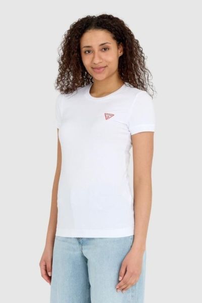 GUESS Biały damski t-shirt bawełniany Mini Triangle Tee, Rozmiar XS. Białe t-shirty Guess, s, z aplikacjami, z bawełny, bez kołnierzyka, bez ramiączek. W wyprzedaży za 89,99 zł.