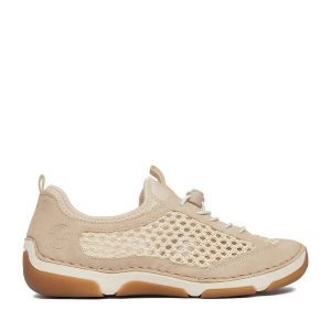 Półbuty Rieker. Brązowe półbuty Rieker, bez wzorów, bez obcasa, na płaskiej podeszwie, bez zapięcia. Za 359,99 zł.