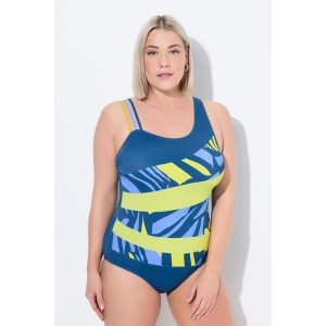 Damski Kostium kąpielowy bloki kolorów 3 ramiączka miękkie miseczki. Niebieskie stroje jednoczęściowe Ulla Popken, bez wzorów, z elastanu. Za 244,99 zł.