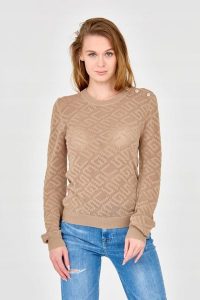 GUESS Beżowy damski sweterek dzianinowy. Brązowe swetry klasyczne Guess, s, z dzianiny, bez kołnierzyka. W wyprzedaży za 279,99 zł.