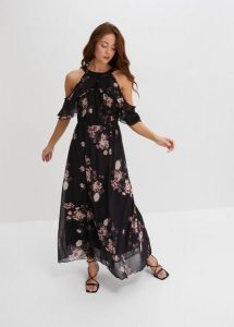Długa sukienka z siateczki. Czarne sukienki bonprix, bez wzorów, bez kołnierzyka, bez ramiączek, maxi. Za 189,99 zł.