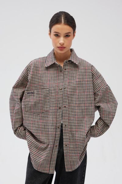 Koszula w drobną kratkę z HAFTEM - RENO-S/M. Koszule Marsala, m, bez wzorów, bez kołnierzyka, bez ramiączek. Za 399,90 zł.