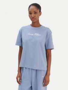 Tommy Hilfiger T-Shirt Script WW0WW47819 Niebieski Regular Fit. Niebieskie t-shirty TOMMY HILFIGER, xl, bez wzorów, z bawełny, bez kołnierzyka, bez ramiączek. Za 289,99 zł.