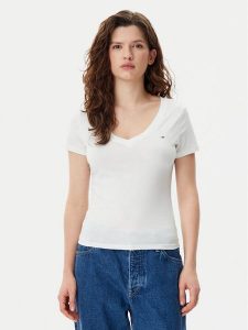 Tommy Jeans T-Shirt DW0DW20458 Biały Slim Fit. Białe t-shirty Tommy Jeans, xl, bez wzorów, z bawełny, bez kołnierzyka, bez ramiączek. Za 89,99 zł.
