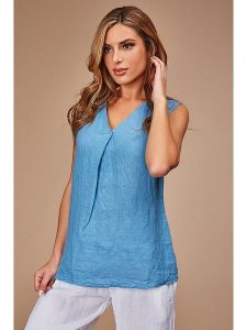 Le Monde du Lin Lniany top w kolorze niebieskim rozmiar: 38/40. Niebieskie topy Le Monde du Lin, bez wzorów, ze lnu, klasyczne, bez kołnierzyka, bez ramiączek. Za 115,24 zł.