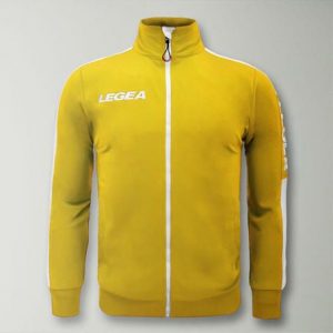 Kurtka California Junior do biegania Żółto-Biała. Białe kurtki LEGEA, bez wzorów, z poliesteru, z kapturem. Za 64,00 zł.