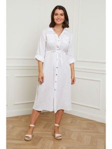 Curvy Lady Lniana sukienka w kolorze białym rozmiar: 48/50. Białe sukienki Curvy Lady, na co dzień, bez wzorów, ze lnu, klasyczne, bez kołnierzyka, bez ramiączek, midi, proste. Za 166,88 zł.