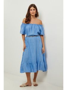 Lin Passion Lniana sukienka w kolorze błękitnym rozmiar: 38/40. Niebieskie sukienki Lin Passion, bez wzorów, ze lnu, klasyczne, bez kołnierzyka, bez ramiączek, midi. Za 173,99 zł.