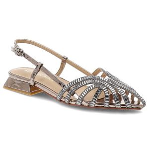 Sandały damskie Alma En Pena, cholewka ze skóry ekologicznej z ażurowym wykończeniem ozdobionym błyszczącymi kryształkami zapięcie na pasek wokół pię. Szare sandały Alma en Pena, w ażurowe wzory, ze skóry ekologicznej, bez obcasa, bez zapięcia. Za 579,00 zł.