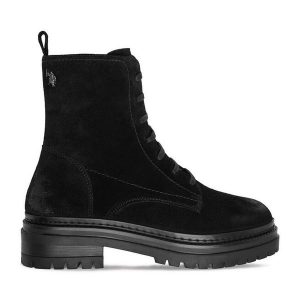 Trzewiki U.S. Polo Assn. Czarne botki U.S. Polo Assn., bez wzorów, bez obcasa, na płaskiej podeszwie, bez zapięcia. Za 449,99 zł.